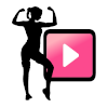 Logo of woman flexing next to a video play button